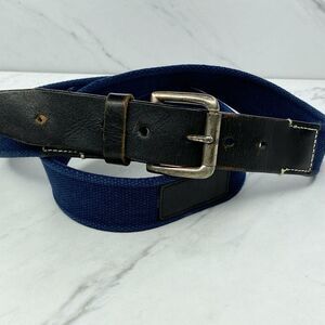 Hunt Club Blue Web Belt Brown Leather Trim Silver Buckle Size 40 ✨